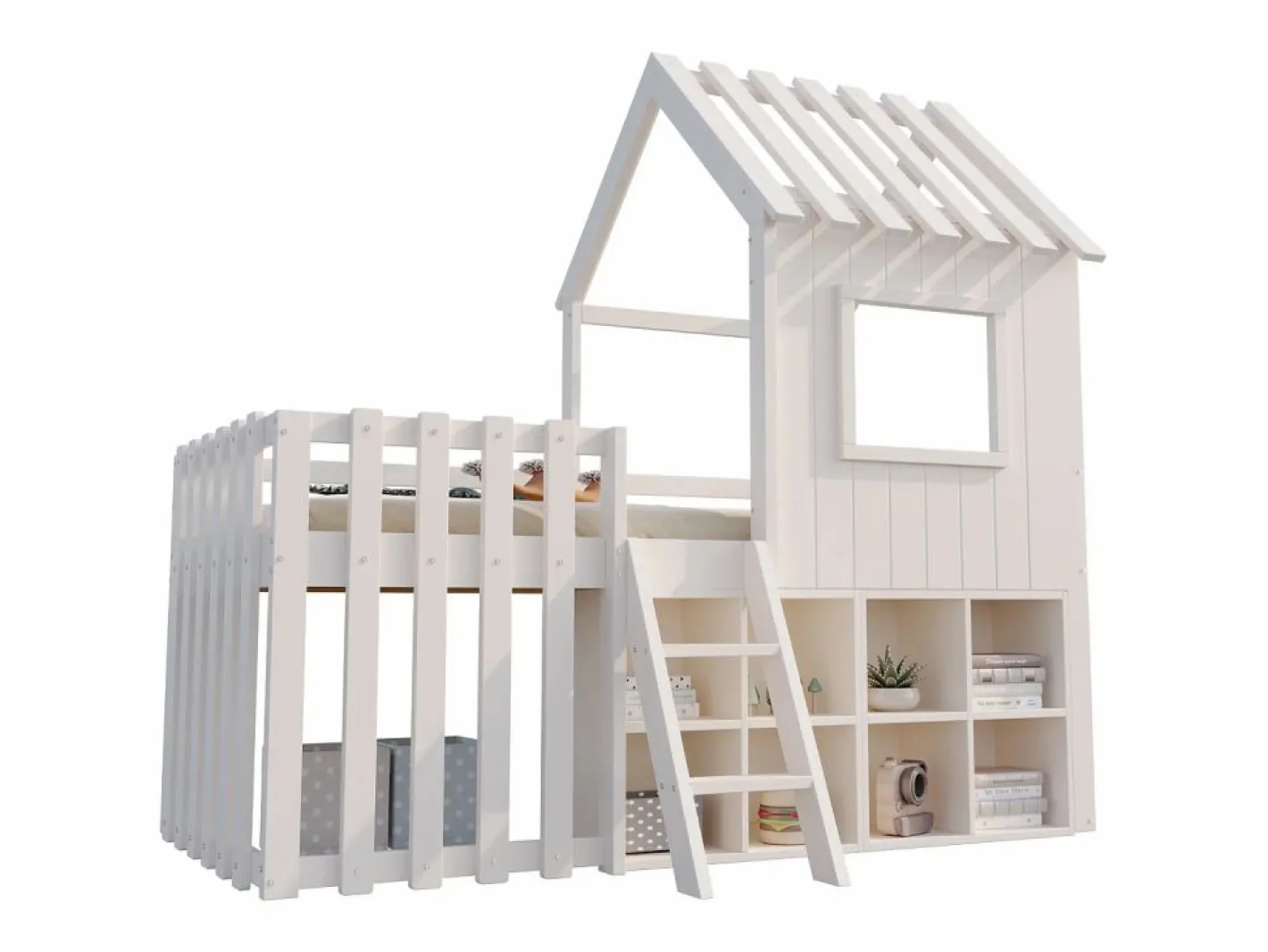 ModernLuxe Cama Montessori|Cama cabaña infantil 90x200 cm - con tejado + ventana - con escalera de 2 peldaños y estanterías -