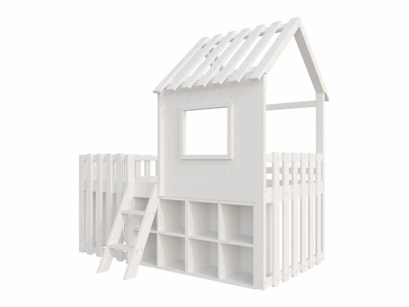 ModernLuxe Cama Montessori|Cama cabaña infantil 90x200 cm - con tejado + ventana - con escalera de 2 peldaños y estanterías -