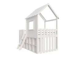 ModernLuxe Cama Montessori|Cama cabaña infantil 90x200 cm - con tejado + ventana - con escalera de 2 peldaños y estanterías -