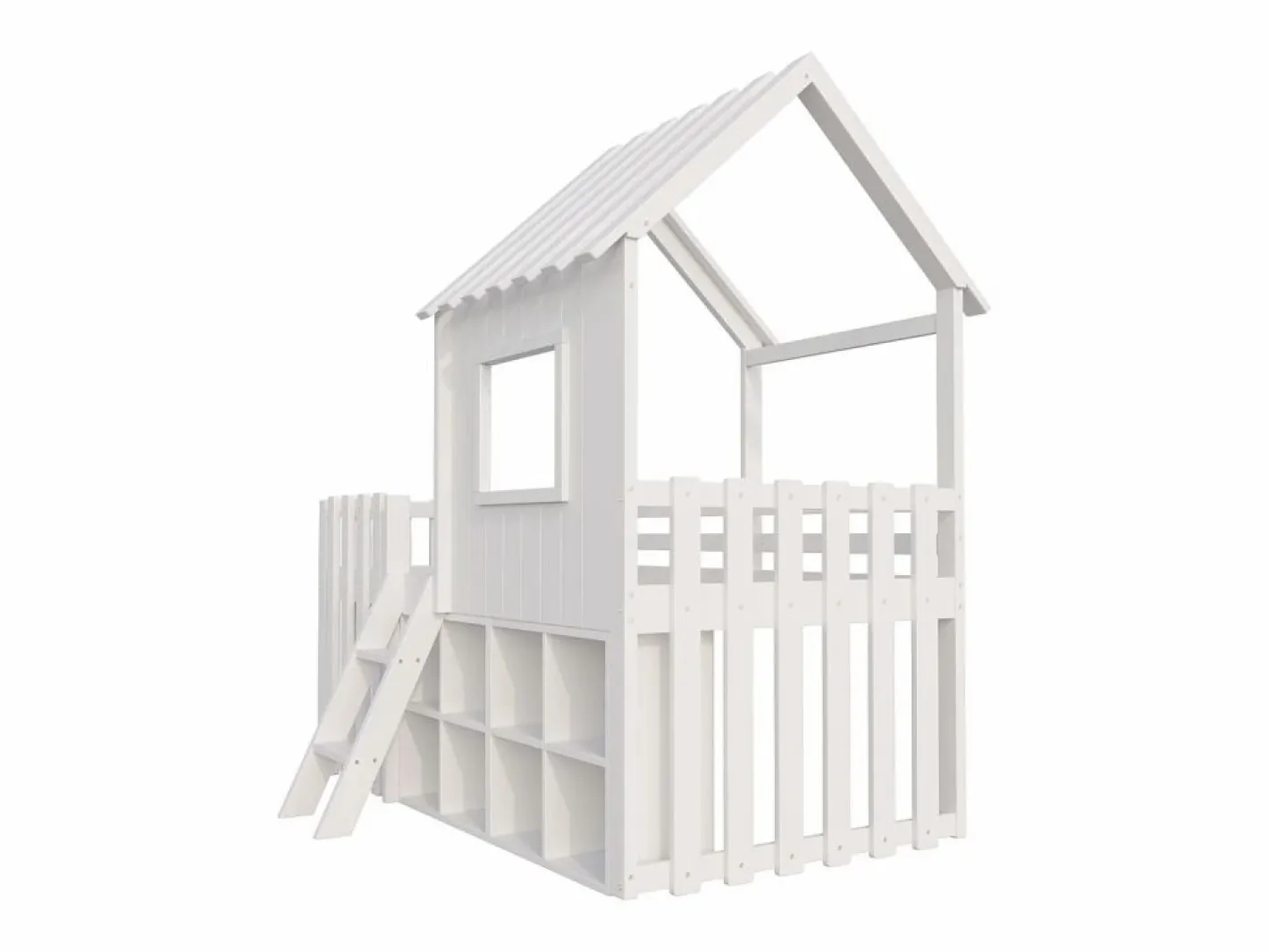 ModernLuxe Cama Montessori|Cama cabaña infantil 90x200 cm - con tejado + ventana - con escalera de 2 peldaños y estanterías -