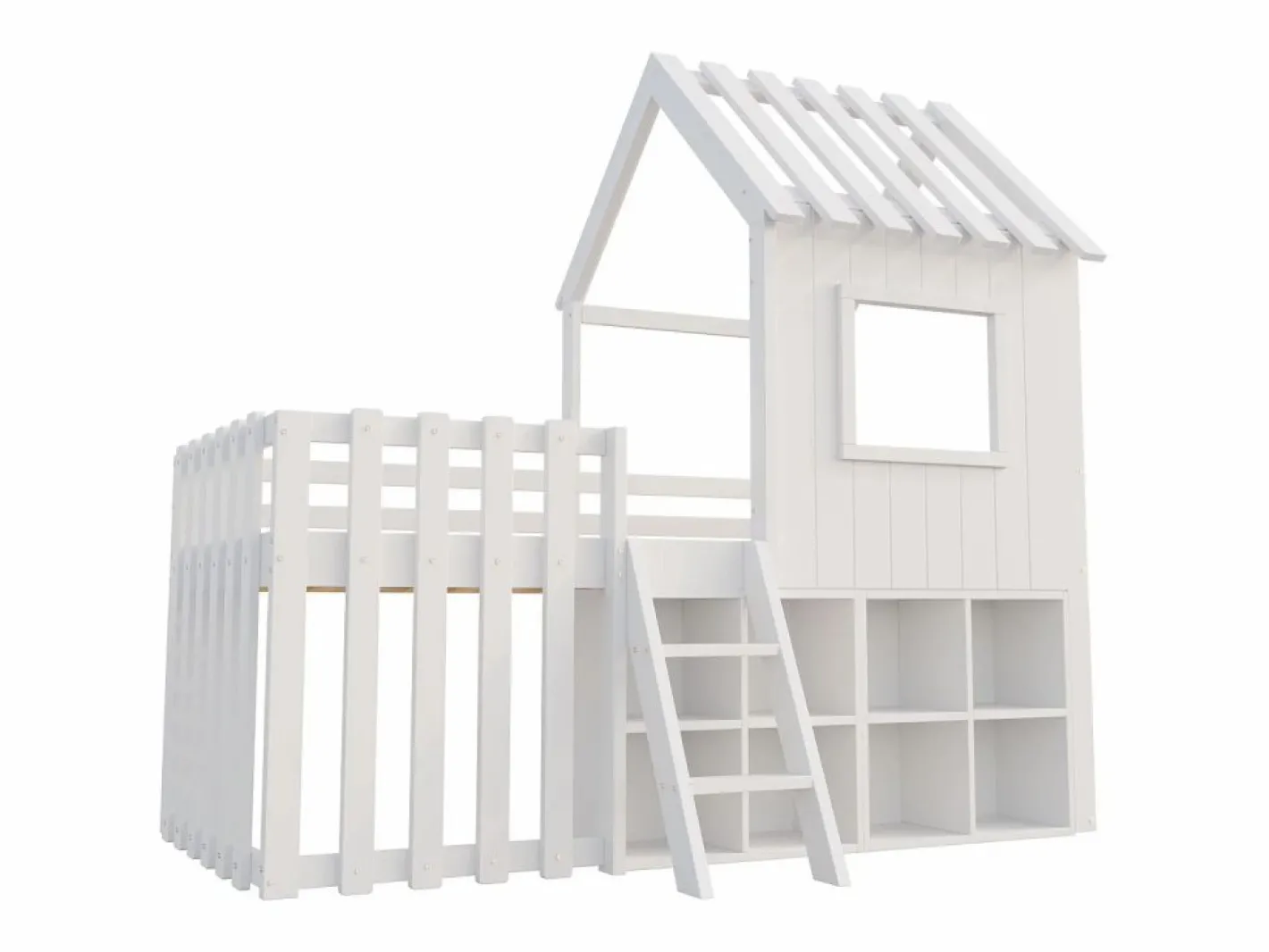 ModernLuxe Cama Montessori|Cama cabaña infantil 90x200 cm - con tejado + ventana - con escalera de 2 peldaños y estanterías -