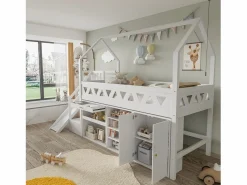 DripeX Cama cabaña 90x200 cm - Cajón y casillero - Con tobogán y escaleras de puerta magnética - Madera maciza - Blanco Hot