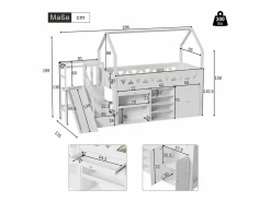 DripeX Cama cabaña 90x200 cm - Cajón y casillero - Con tobogán y escaleras de puerta magnética - Madera maciza - Blanco Hot
