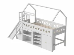DripeX Cama cabaña 90x200 cm - Cajón y casillero - Con tobogán y escaleras de puerta magnética - Madera maciza - Blanco Hot