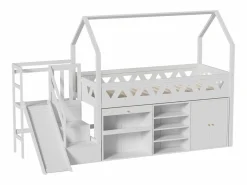 DripeX Cama cabaña 90x200 cm - Cajón y casillero - Con tobogán y escaleras de puerta magnética - Madera maciza - Blanco Hot
