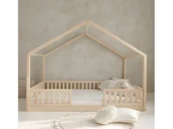 Petits-Meubles Cama cabaña 140x200 con barandilla y somier patas de 1 cm Roxane Madera Color natural claro Sale