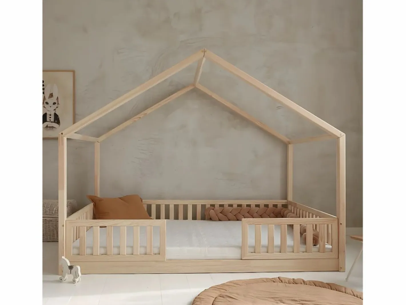 Petits-Meubles Cama cabaña 140x200 con barandilla y somier patas de 1 cm Roxane Madera Color natural claro Sale