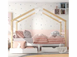 Cama cabina 90 x 200 cm con 2 cajones - Madera maciza - Somier de láminas - + color madera (Sin colchón)^Merax Best