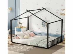 Merax Cama cabina 140 x 200 cm con cabecero - cama infantil - metal - somier de láminas - Negro Hot
