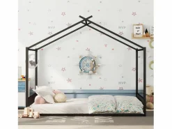 Merax Cama cabina 140 x 200 cm con cabecero - cama infantil - metal - somier de láminas - Negro Hot