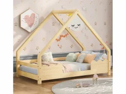 Cama cabina 90 x 200 cm con protección, cuna - madera maciza - somier de láminas incluido - color natural^Merax Sale