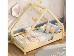 Cama cabina 90 x 200 cm con protección, cuna - madera maciza - somier de láminas incluido - color natural^Merax Sale