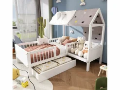 Cama cabina 90 x 200 cm con techo de tela y cajón grande - madera maciza -^Merax Sale