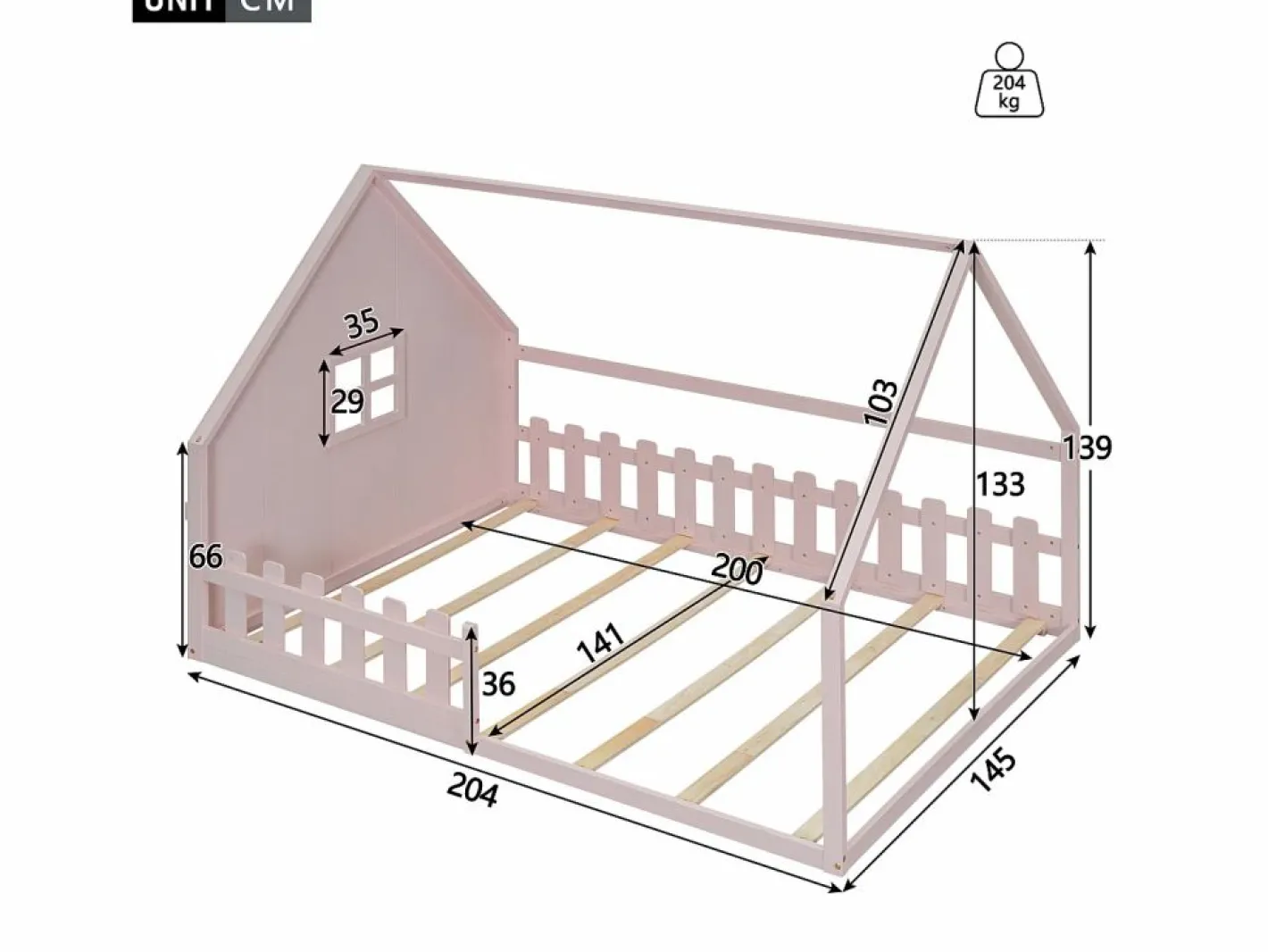 Cama cabina 140 x 200 cm con ventana - Madera de pino + MDF - Somier de láminas incluido -^Merax Discount