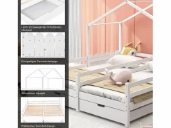 Merax Cama cabina 2 x 90 x 200 cm con 2 cajones - Madera de pino y MDF - Barras y somier - Blanco Hot