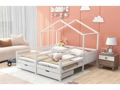 Merax Cama cabina 2 x 90 x 200 cm con 2 cajones - Madera de pino y MDF - Barras y somier - Blanco Hot