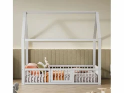 Merax Mueble De Bebé|Cama cabina para niños o bebés - 140 x 200 cm - barreras y puerta - somier incluido - madera blanca
