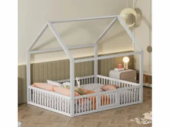 Merax Mueble De Bebé|Cama cabina para niños o bebés - 140 x 200 cm - barreras y puerta - somier incluido - madera blanca
