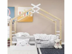 ModernLuxe Cama Montessori|Cama cabina 90x200 cm de madera maciza con 2 cajones - Natural & White