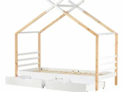 ModernLuxe Cama Montessori|Cama cabina 90x200 cm de madera maciza con 2 cajones - Natural & White