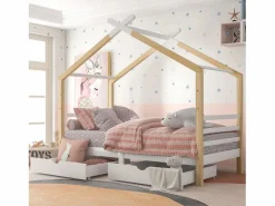 ModernLuxe Cama Montessori|Cama cabina 90x200 cm de madera maciza con 2 cajones - Natural & White