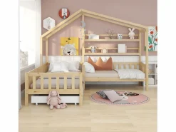 ModernLuxe Cama Montessori|Cama cabina 90x200cm + 140x70cm de madera maciza - con cajones y estantes + somier - Natural