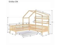 ModernLuxe Cama Montessori|Cama cabina 90x200cm + 140x70cm de madera maciza - con cajones y estantes + somier - Natural
