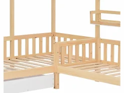 ModernLuxe Cama Montessori|Cama cabina 90x200cm + 140x70cm de madera maciza - con cajones y estantes + somier - Natural