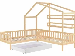 ModernLuxe Cama Montessori|Cama cabina 90x200cm + 140x70cm de madera maciza - con cajones y estantes + somier - Natural