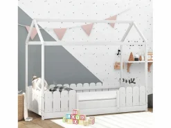 ModernLuxe Cama cabina 90x200cm de madera maciza - con protección contra caídas - Blanco Outlet