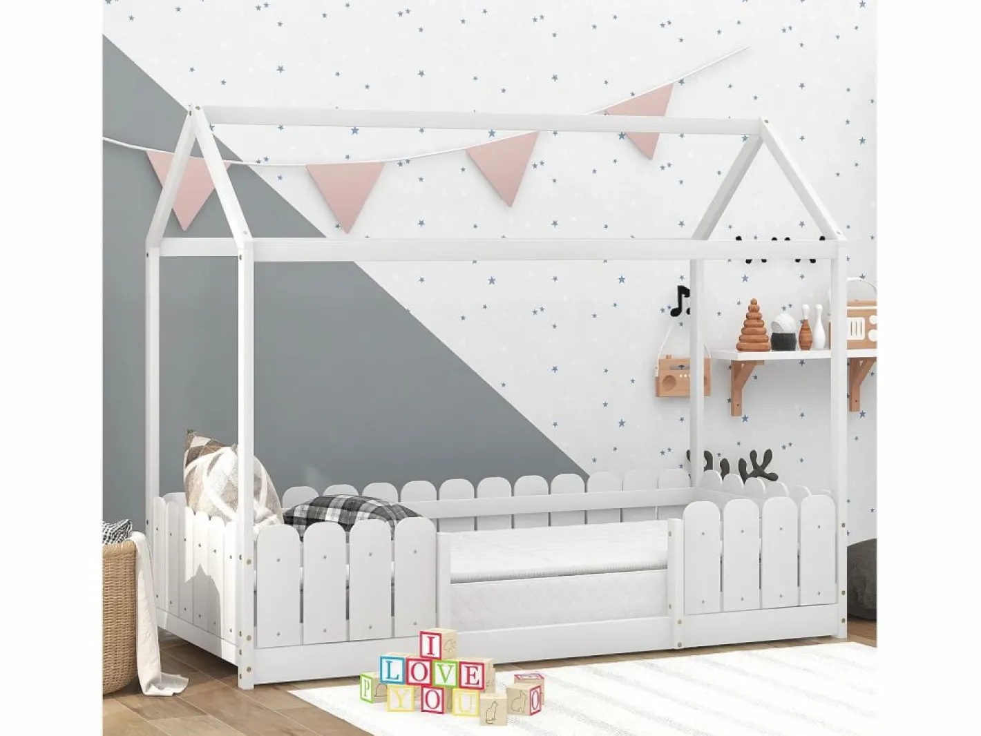 ModernLuxe Cama cabina 90x200cm de madera maciza - con protección contra caídas - Blanco Outlet