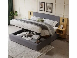 Cama canapé de 180 x 200 cm con gran cabecero y 2 mesitas de noche - Toma USB y 2 lámparas de lectura - Madera y terciopelo - + natural (sin colchón)^Merax Outlet