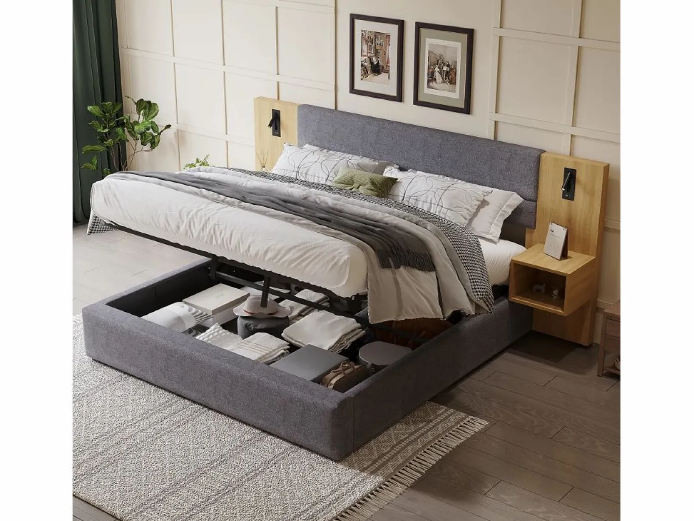Cama canapé de 180 x 200 cm con gran cabecero y 2 mesitas de noche - Toma USB y 2 lámparas de lectura - Madera y terciopelo - + natural (sin colchón)^Merax Outlet