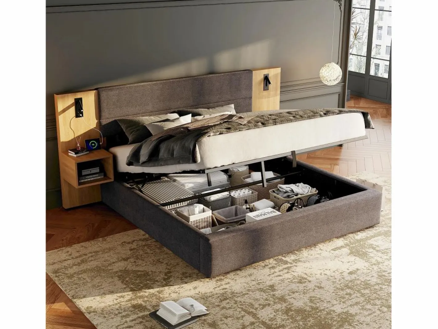 Cama canapé de 180 x 200 cm con gran cabecero y 2 mesitas de noche - Toma USB y 2 lámparas de lectura - Madera y terciopelo - + natural (sin colchón)^Merax Outlet
