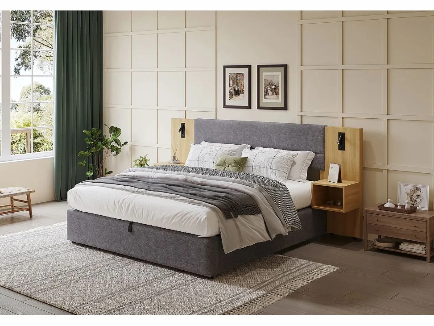 Cama canapé de 180 x 200 cm con gran cabecero y 2 mesitas de noche - Toma USB y 2 lámparas de lectura - Madera y terciopelo - + natural (sin colchón)^Merax Outlet