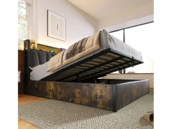 Cama canapé para adulto 180x200cm con estructura de metal - cabecero con USB y LED - lino (sin colchón)^ New