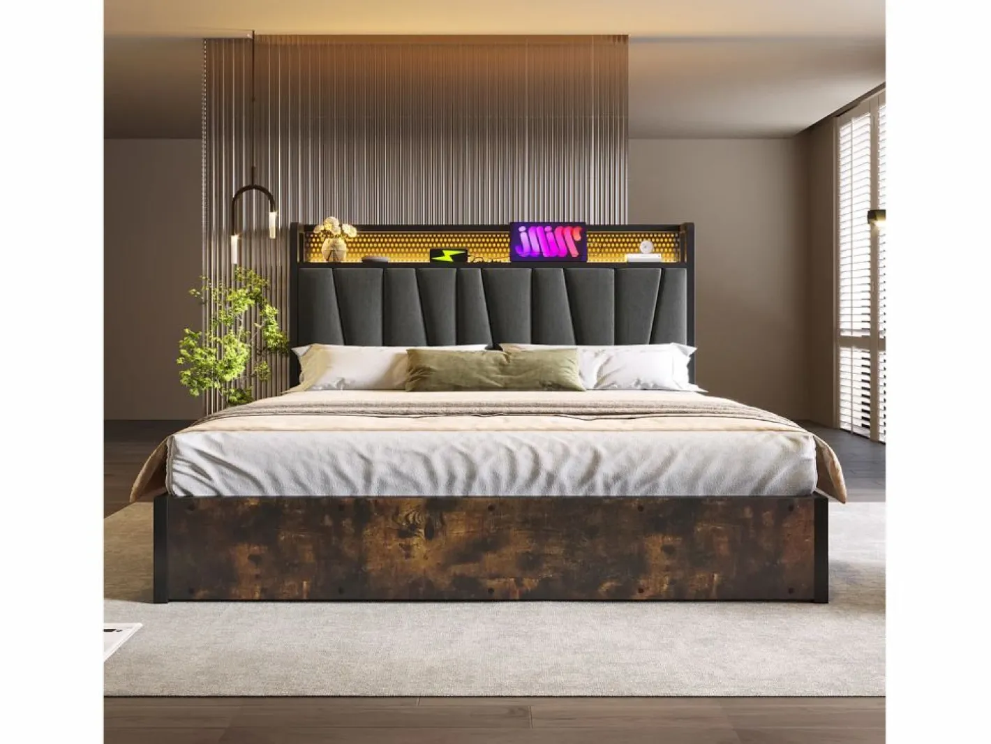 Cama canapé para adulto 180x200cm con estructura de metal - cabecero con USB y LED - lino (sin colchón)^ New
