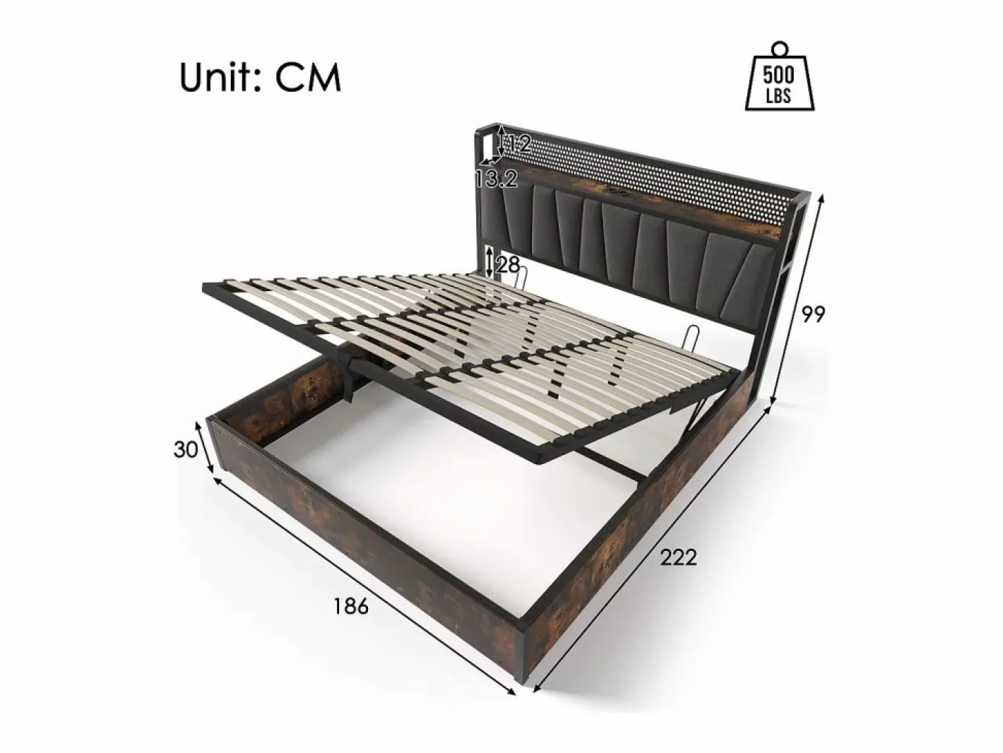 Cama canapé para adulto 180x200cm con estructura de metal - cabecero con USB y LED - lino (sin colchón)^ New
