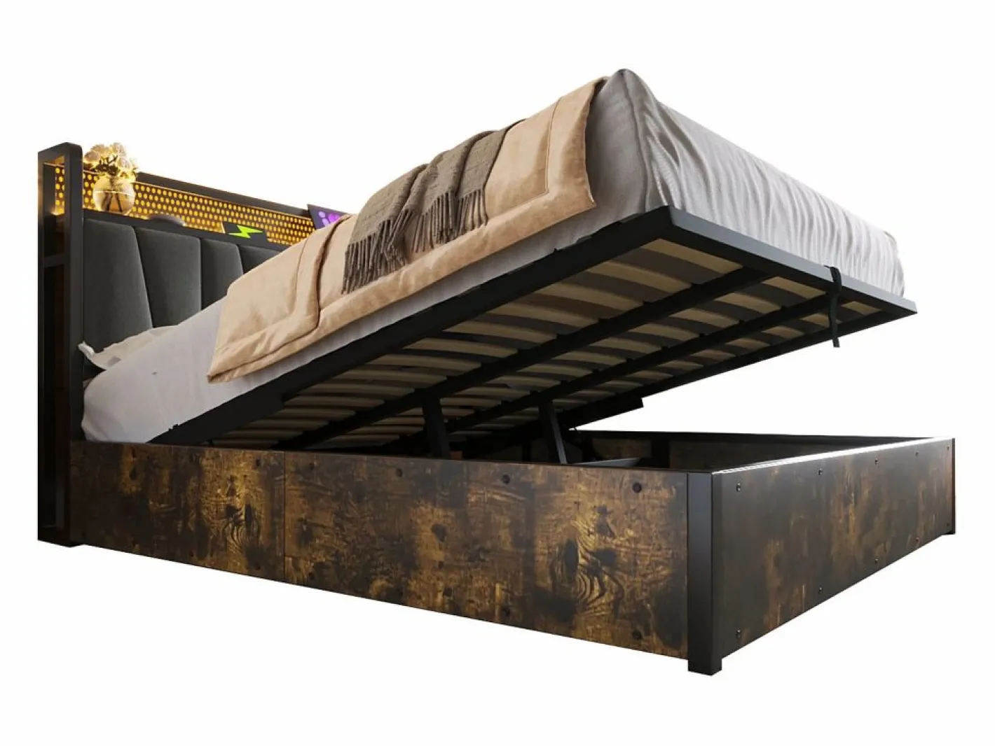 Cama canapé para adulto 180x200cm con estructura de metal - cabecero con USB y LED - lino (sin colchón)^ New