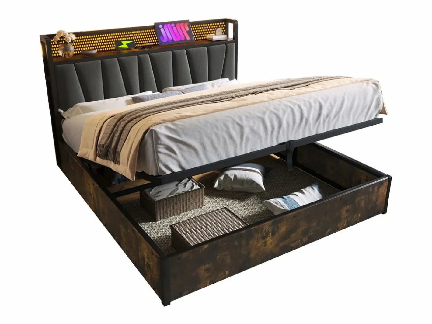 Cama canapé para adulto 180x200cm con estructura de metal - cabecero con USB y LED - lino (sin colchón)^ New