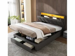 Merax Cama canapé 140x190 cm con cabecero y 2 cajones - LED - Tejido de lino - (sin colchón) Gris Discount