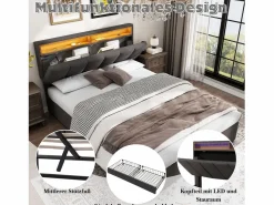Merax Cama canapé 140x190 cm con cabecero y 2 cajones - LED - Tejido de lino - (sin colchón) Gris Discount