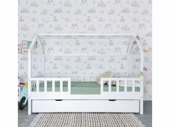 Cama Montessori|Cama casita con barandilla + 2 cajones madera 90x190cm