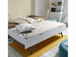 Cama casita con barandilla + cama elevable madera 90x190cm Blanco Clearance
