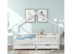 ModernLuxe Cama Montessori|Cama casita infantil 90×200 cm - en madera maciza + MDF - con 2 cajones - con protección anti-caídas y somier de láminas -