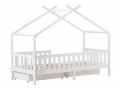 ModernLuxe Cama Montessori|Cama casita infantil 90×200 cm - en madera maciza + MDF - con 2 cajones - con protección anti-caídas y somier de láminas -