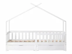 ModernLuxe Cama Montessori|Cama casita infantil 90×200 cm - en madera maciza + MDF - con 2 cajones - con protección anti-caídas y somier de láminas -