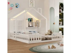 ModernLuxe Cama casita infantil 90 x 200 cm - con iluminación LED - con barreras de seguridad - con estantes de almacenamiento - ​ (colchón no incluido) Blanco Sale