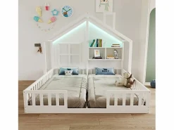 ModernLuxe Cama casita infantil 90 x 200 cm - con iluminación LED - con barreras de seguridad - con estantes de almacenamiento - ​ (colchón no incluido) Blanco Sale