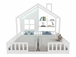 ModernLuxe Cama casita infantil 90 x 200 cm - con iluminación LED - con barreras de seguridad - con estantes de almacenamiento - ​ (colchón no incluido) Blanco Sale